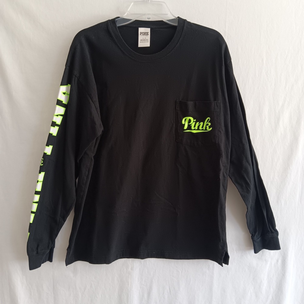 PINK Victoria's Secret Long Sleeve Tee Women L Black Neon Green Graphic Pocket